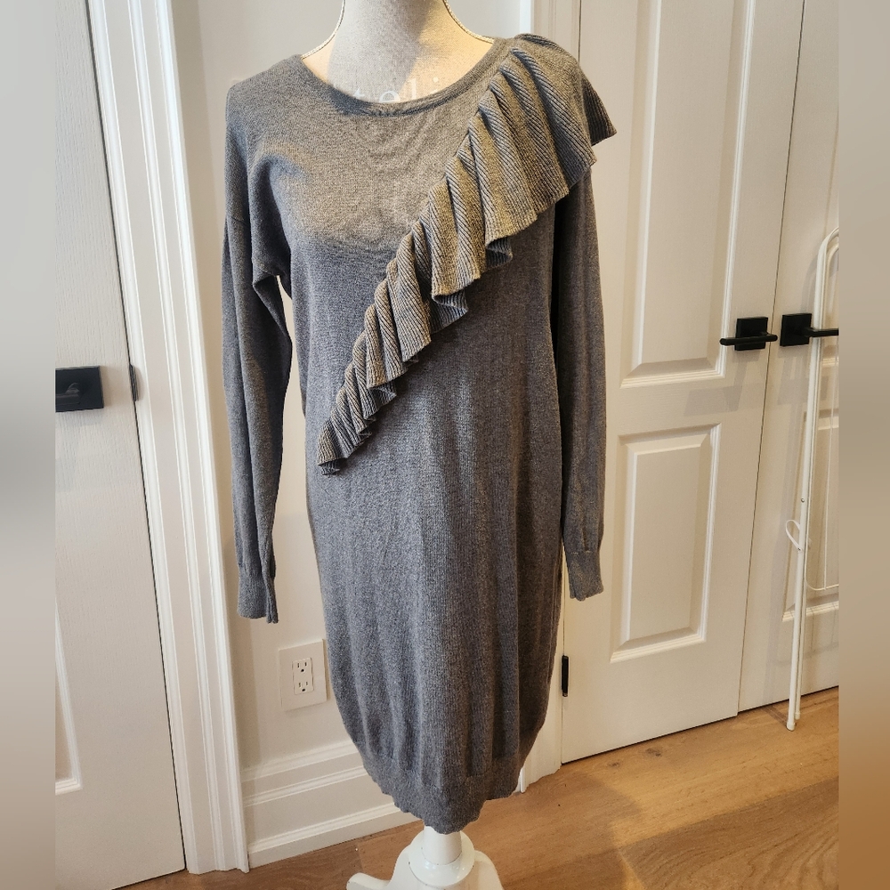 Part Two Copenhagen Wool Blend Gray Ruffled Sweater Dress, Med.
